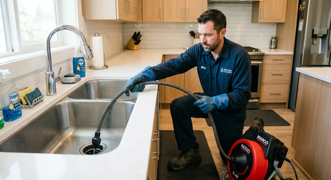 Drain cleaning technician using a motorized snake on a kitchen sink in Justice