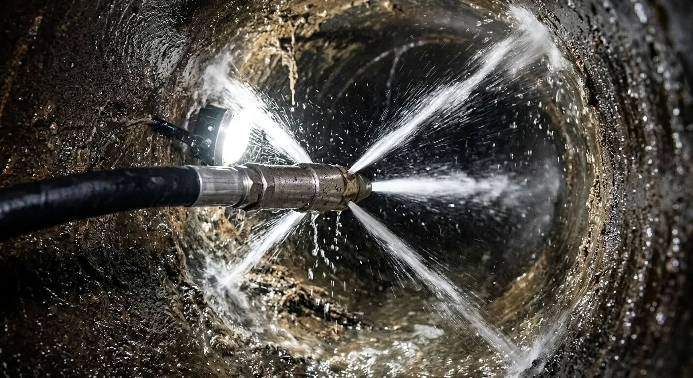 High-pressure hydro jetting nozzle cleaning sewer pipe for Trenchless Sewer Repair in Justice