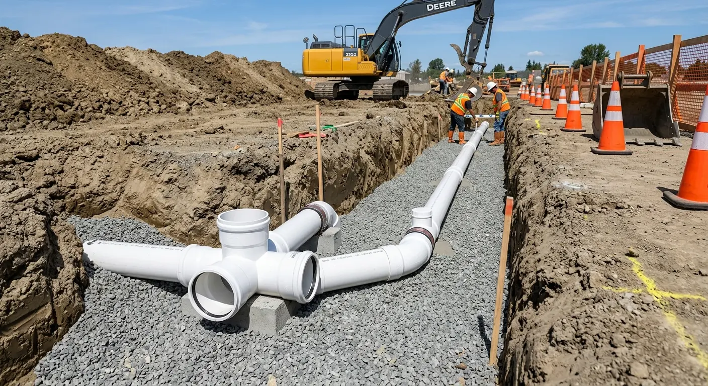 New PVC sewer pipe installation in open trench for Sewer Camera Inspection in Justice