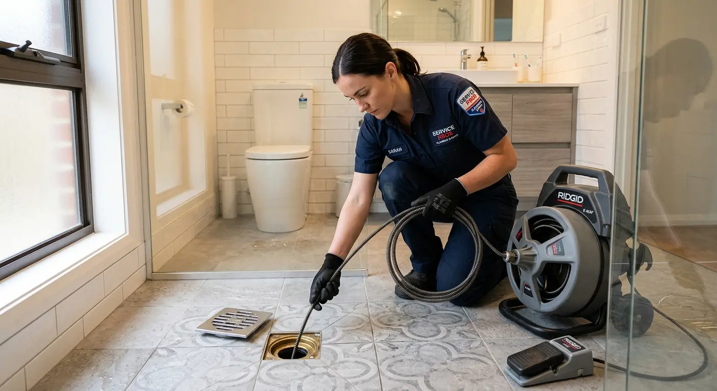 Technician clearing a bathroom floor drain for Drain Repair in Justice